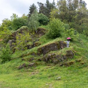 woman-walks-umbrella-mountains-among-rocks-covered-with-greenery-slope